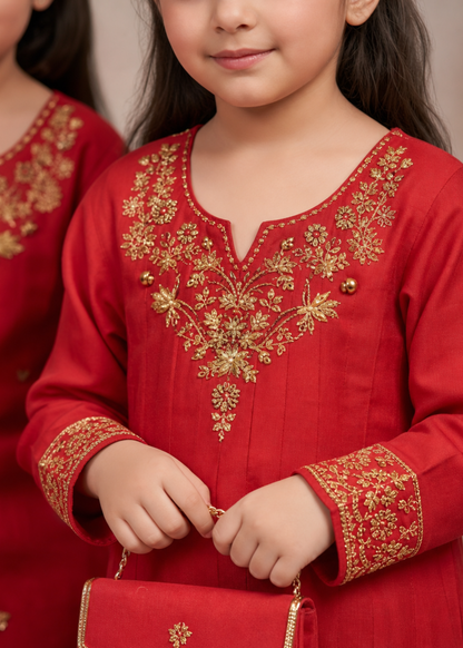 Girls Red Cotton Embroidered Salwar Kameez Online in KSA Riyadh Saudi Arabia Oman Bahrain Qatar