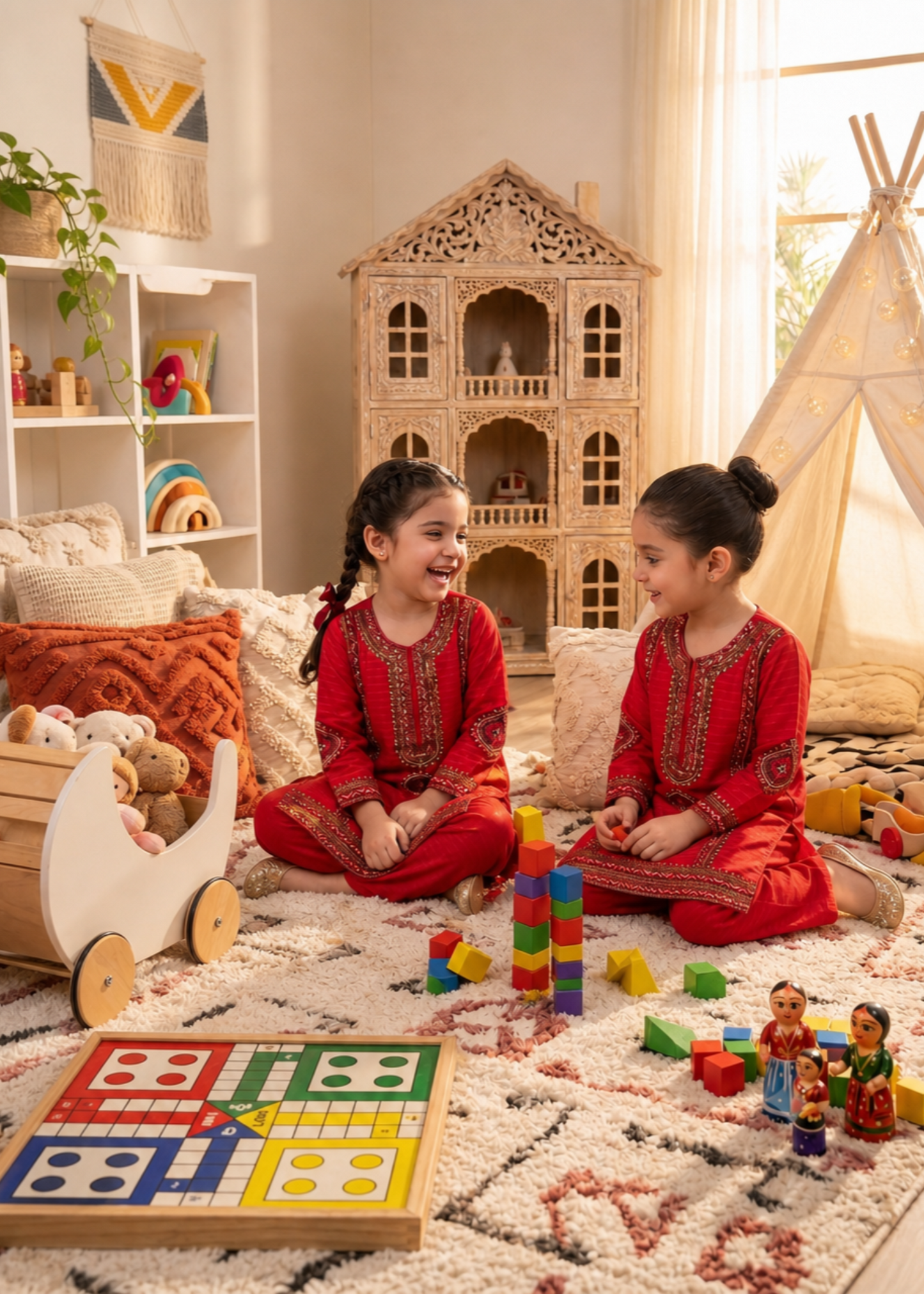 Girls Red Cotton Embroidered Salwar Kameez Online in KSA Riyadh Saudi Arabia Oman Bahrain Qatar