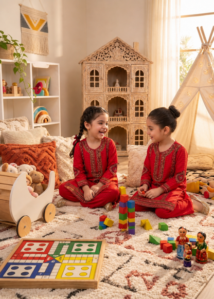 Girls Red Cotton Embroidered Salwar Kameez Online in KSA Riyadh Saudi Arabia Oman Bahrain Qatar