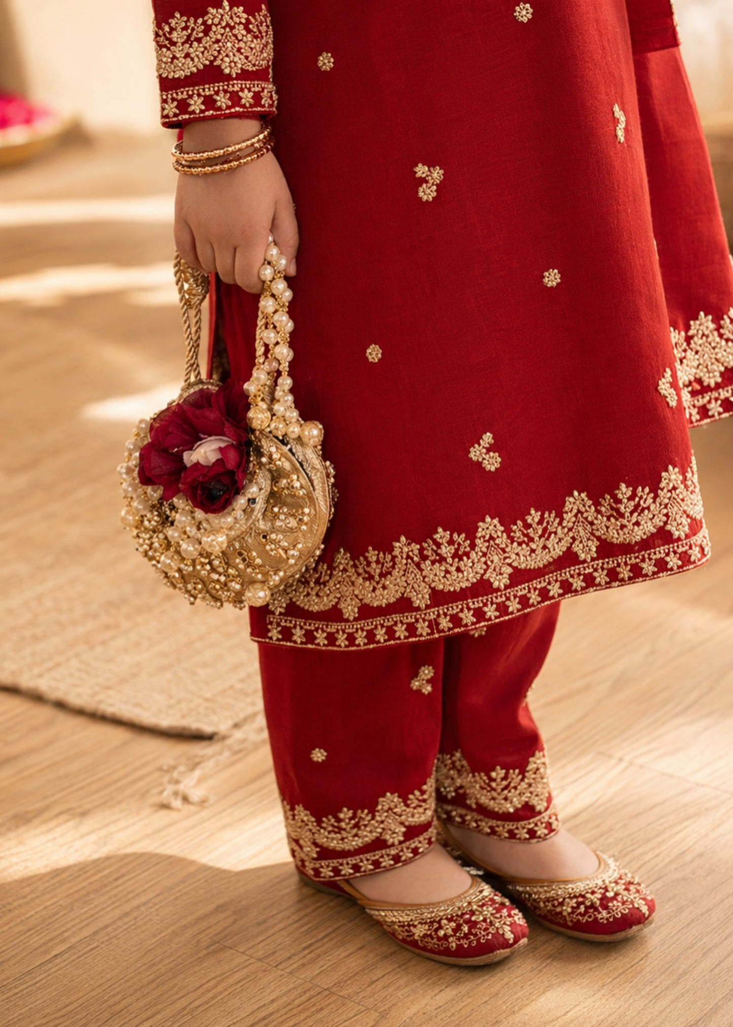 Girls Red Cotton Embroidered Suit Online in KSA Riyadh Saudi Arabia Oman Bahrain Qatar