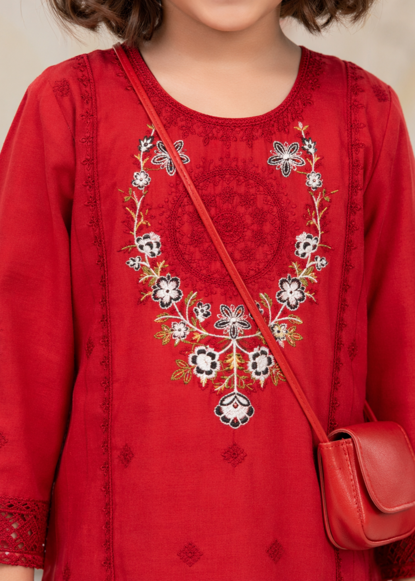 Girls Red Cotton Embroidered Suit Online in KSA Riyadh Saudi Arabia Oman Bahrain Qatar