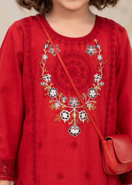 Girls Red Cotton Embroidered Suit Online in KSA Riyadh Saudi Arabia Oman Bahrain Qatar
