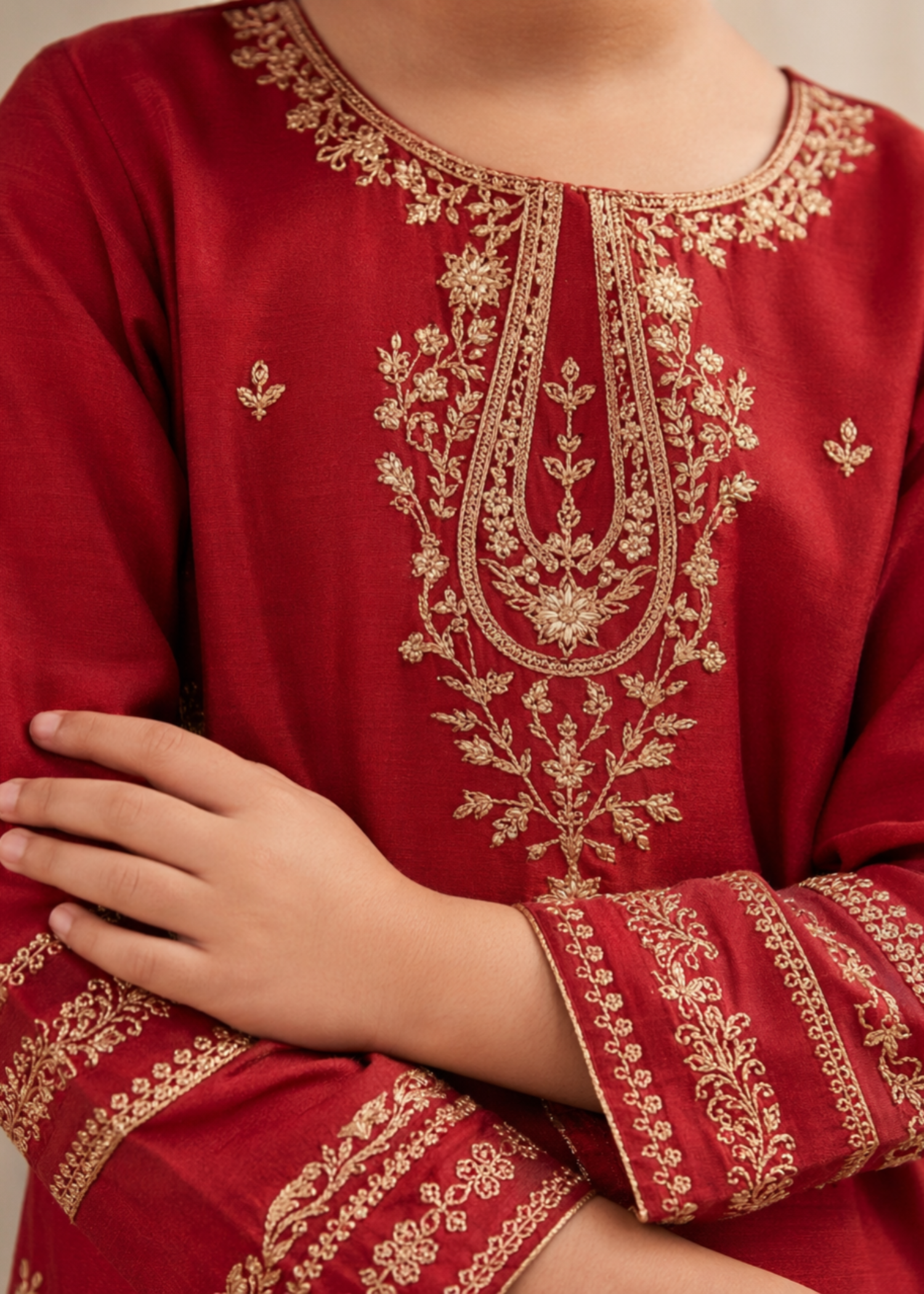 Girls Red Cotton Jacquard Embroidered Salwar Kameez Online in KSA Riyadh Saudi Arabia Oman Bahrain Qatar