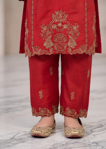 Girls Red Embroidered Cotton Salwar Kameez Online in KSA Riyadh Saudi Arabia Oman Bahrain Qatar