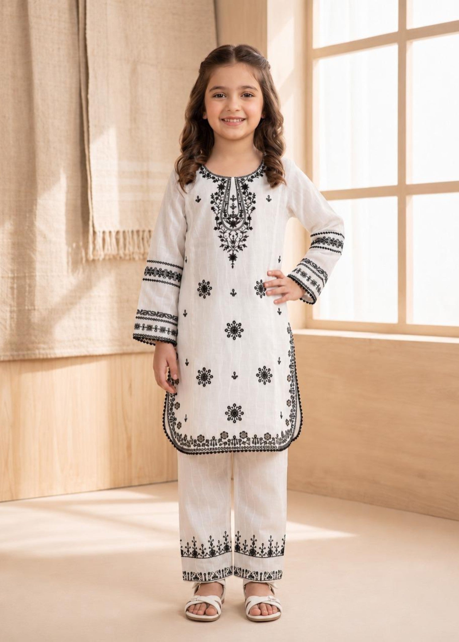 Girls White Cotton Embroidered Salwar Kameez Online in KSA Riyadh Saudi Arabia Oman Bahrain Qatar