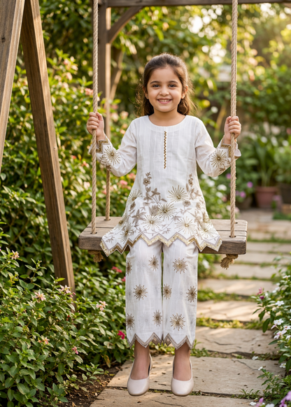 Girls White Cotton Embroidered Salwar Kameez Online in KSA Riyadh Saudi Arabia Oman Bahrain Qatar