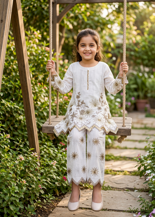 Girls White Cotton Embroidered Salwar Kameez Online in KSA Riyadh Saudi Arabia Oman Bahrain Qatar