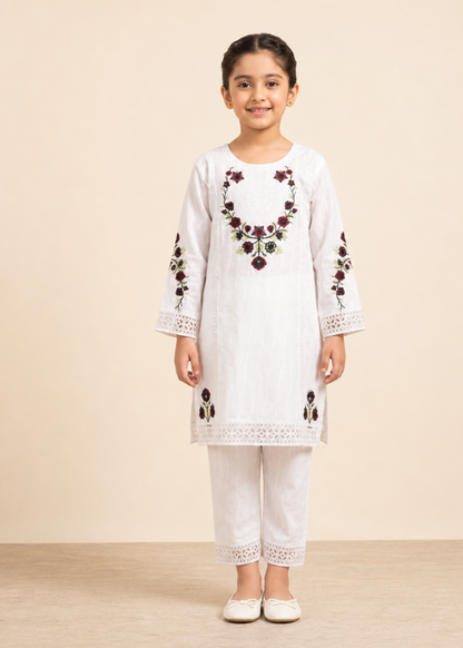 Girls White Cotton Embroidered Salwar Kameez Online in KSA Riyadh Saudi Arabia Oman Bahrain Qatar