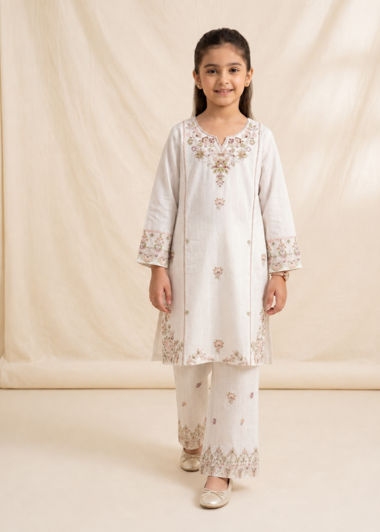 Girls White Cotton Embroidered Straight Kurta Suit Online in KSA Riyadh Saudi Arabia Oman Bahrain Qatar