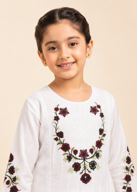 Girls White Cotton Embroidered Suit Online in Sri Lanka India Australia