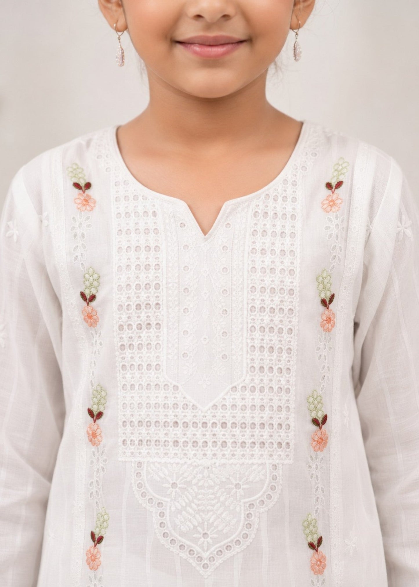 Girls White Embroidered Cotton Salwar Suit Online in KSA Riyadh Saudi Arabia Oman Bahrain Qatar