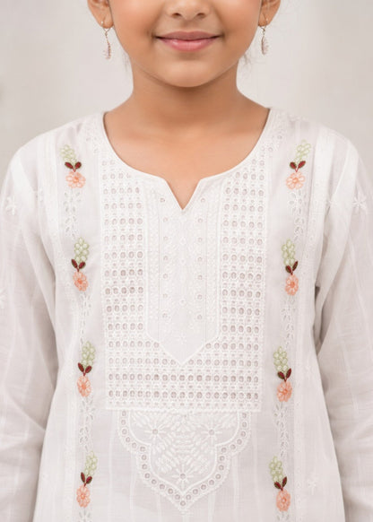 Girls White Embroidered Cotton Salwar Suit Online in KSA Riyadh Saudi Arabia Oman Bahrain Qatar