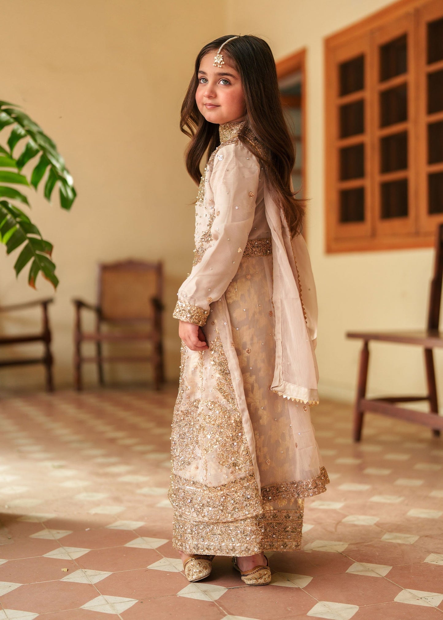 Gold Chiffon 3 Piece Festive Outfit Online in Dubai DXB UAE Abudhabi Meena Bazaar