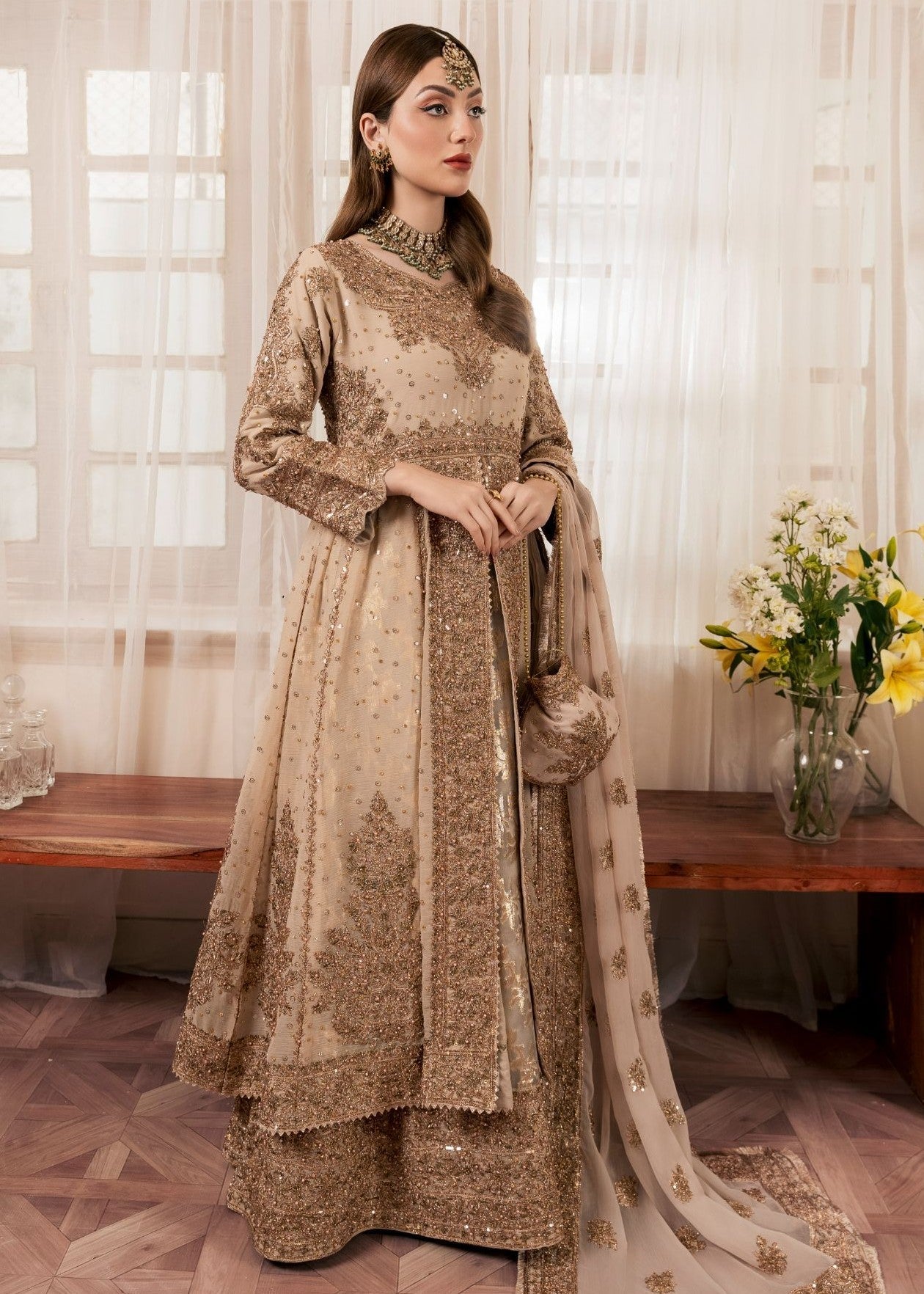 Gold Chiffon Embroidered Ladies Suit Online in Sri Lanka India Australia