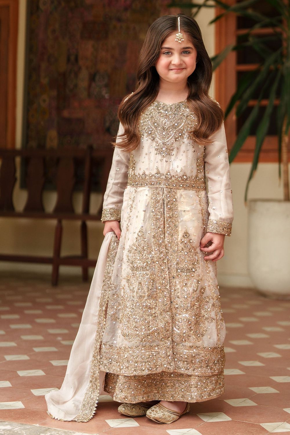 Gold Chiffon Straight Cut Pishwas for Kids Online in Dubai UAE Abudhabi Ajman Sharjah