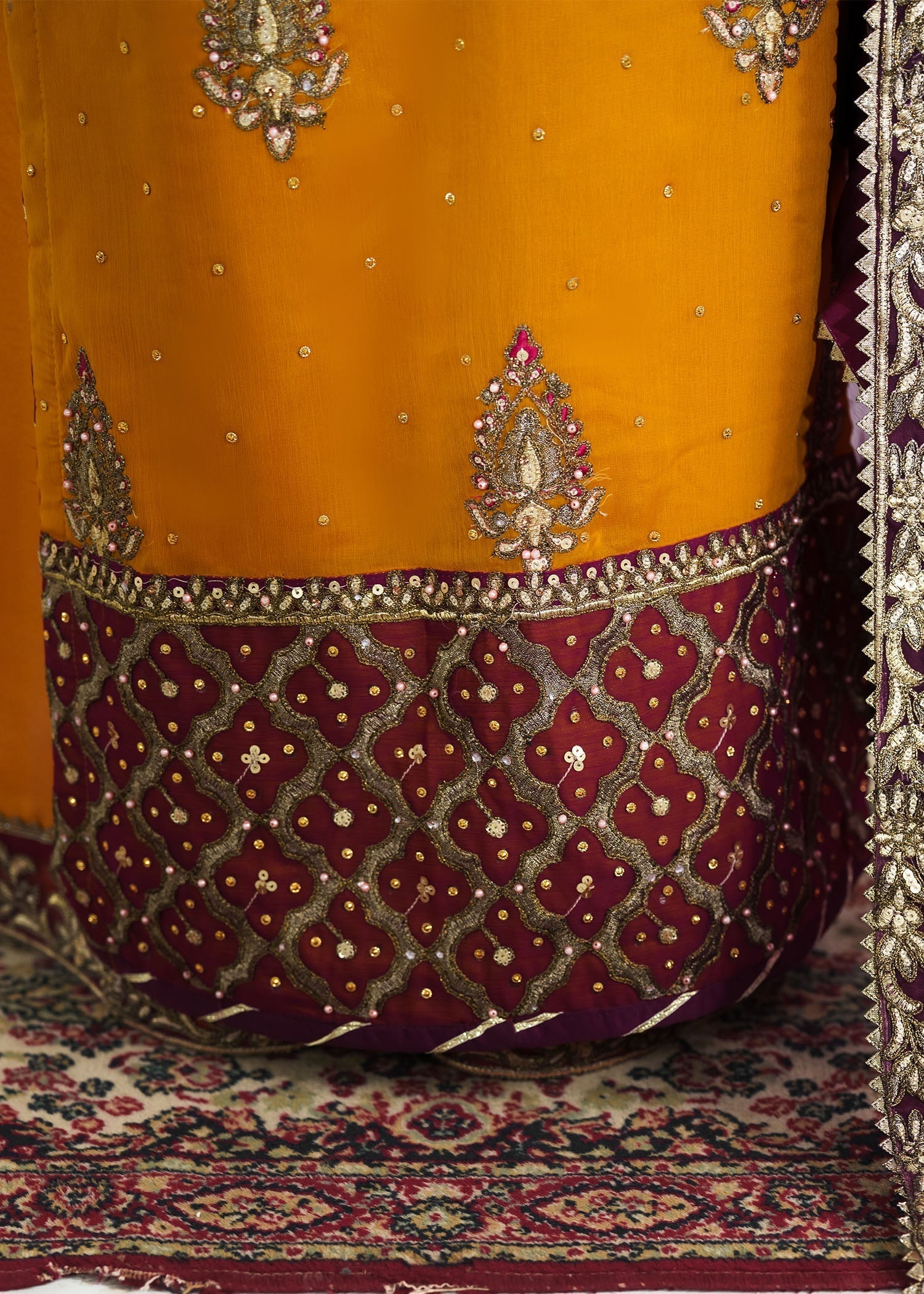 Gold Dabka Work Chiffon Suit for Mehndi Online in KSA Riyadh Saudi Arabia Oman Bahrain Qatar