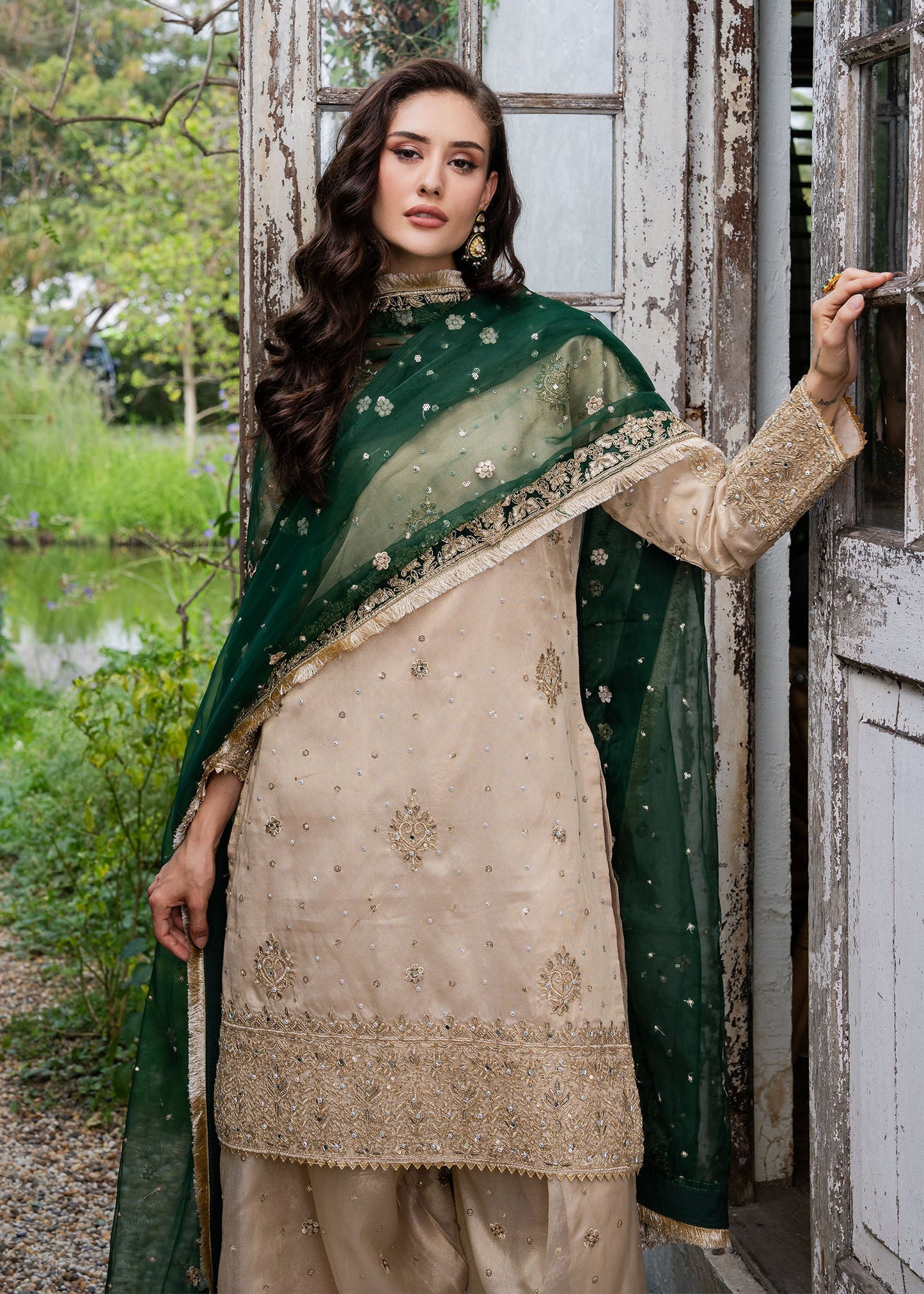 Gold Embellished Beige Charmuse Festive Ensemble Online in Sri Lanka India Australia
