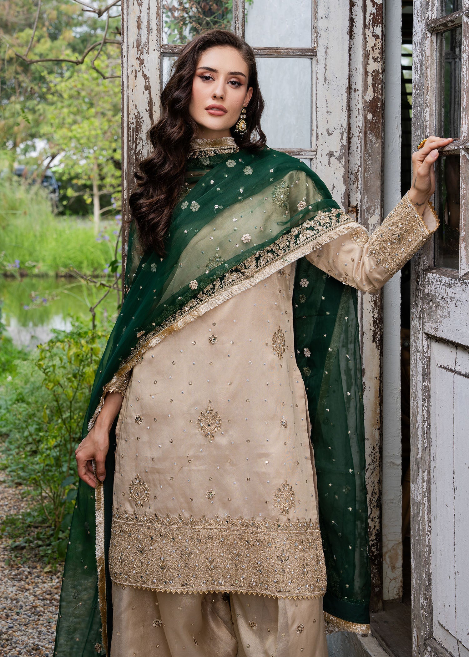 Gold Embellished Beige Charmuse Festive Ensemble Online in Sri Lanka India Australia