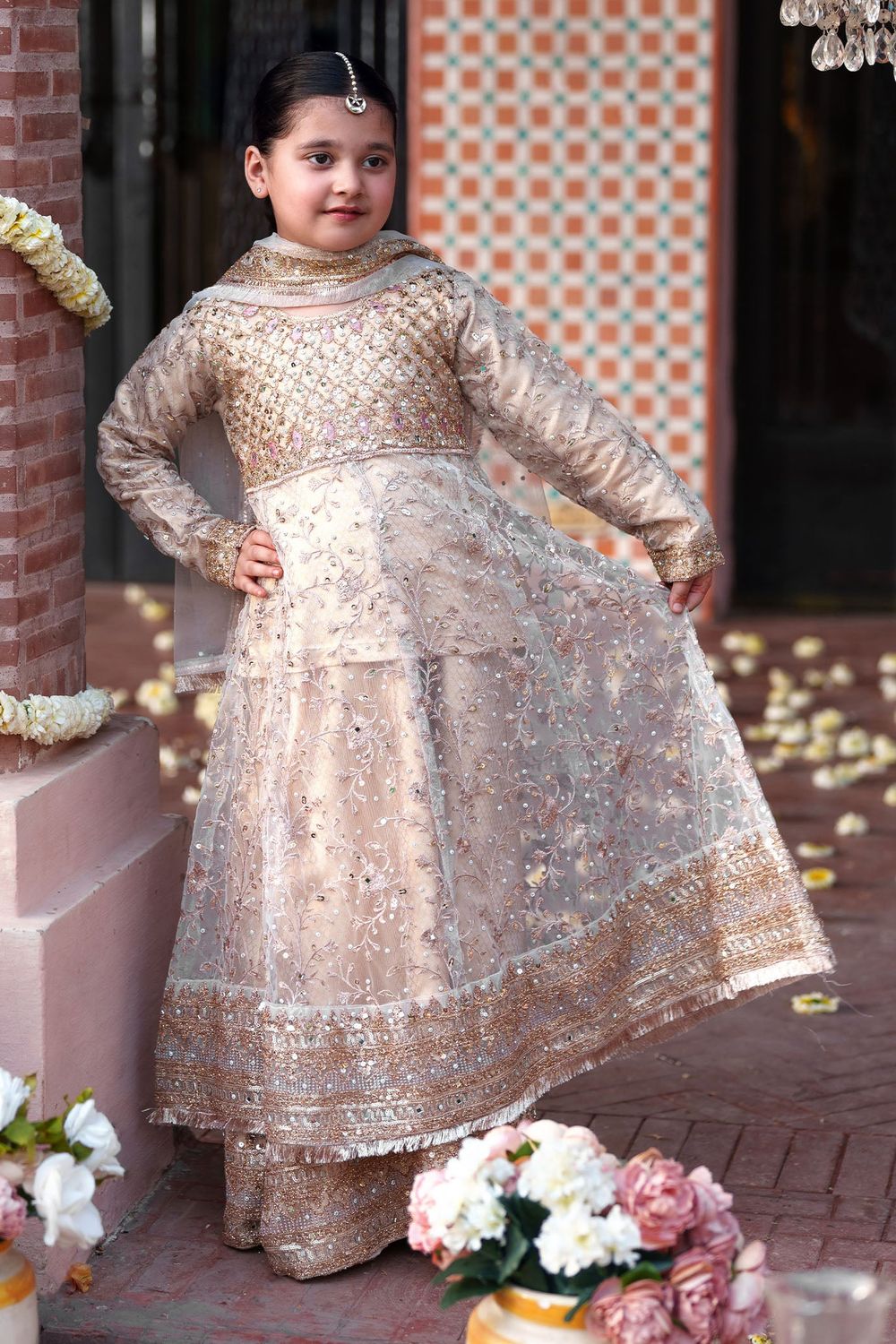 Gold Embellished Net Kids Festive Wear Suit Online in Dubai UAE Abudhabi Ajman Sharjah
