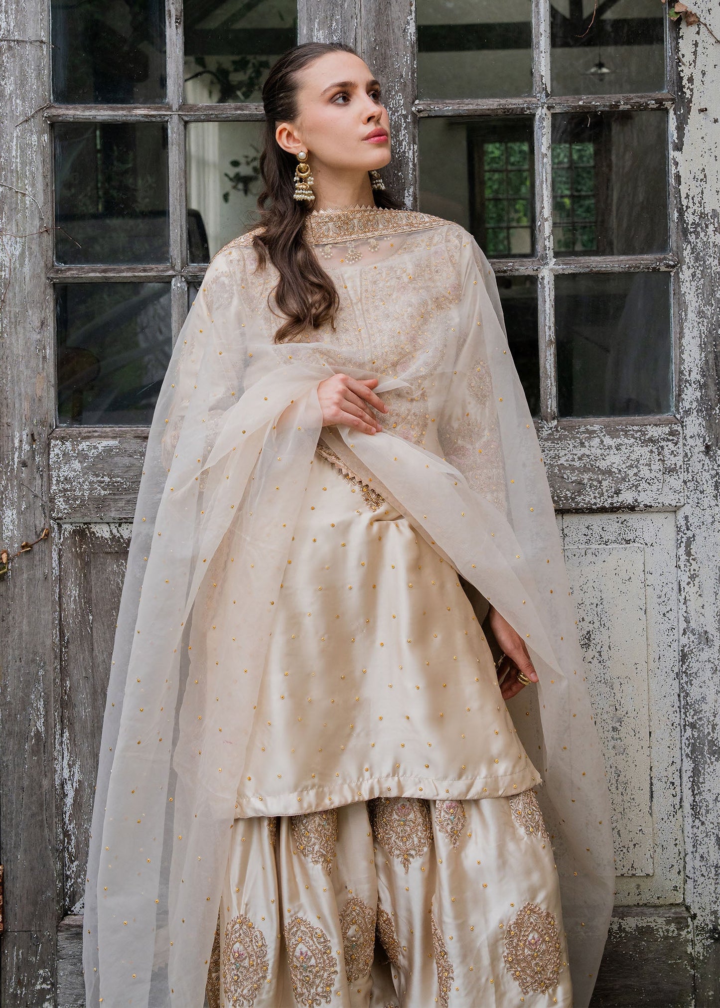 Gold Embroidered Beige Farshi Salwar Kameez Online in Dubai UAE Abudhabi Ajman Sharjah