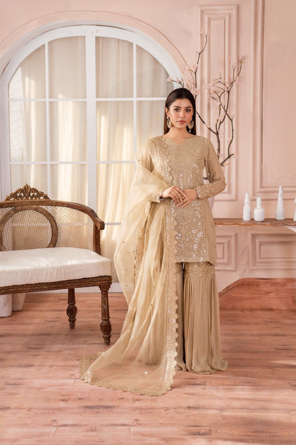 Gold Embroidered Chiffon Gharara Set Online in Dubai UAE Abudhabi Ajman Sharjah