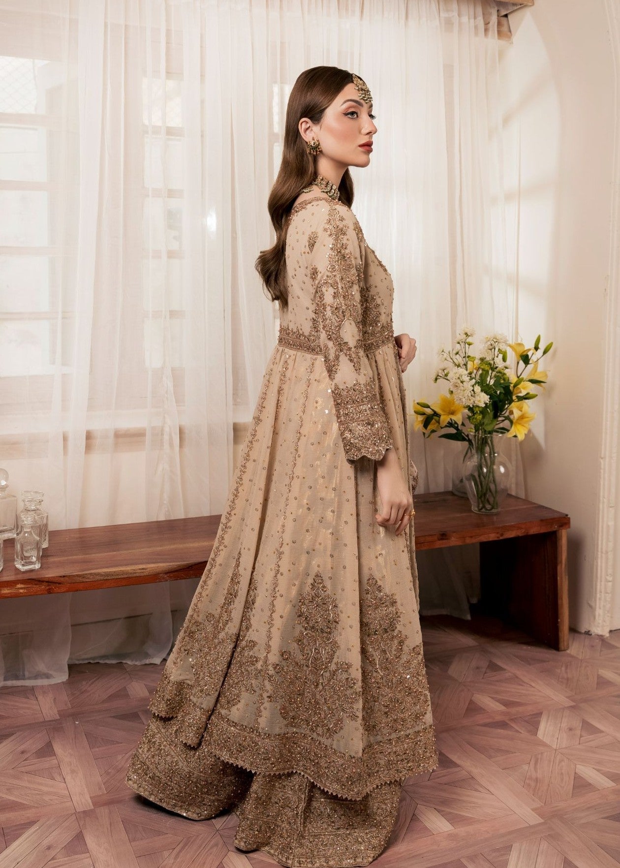 Gold Embroidered Chiffon Straight Cut Suit Online in Dubai UAE Abudhabi Ajman Sharjah