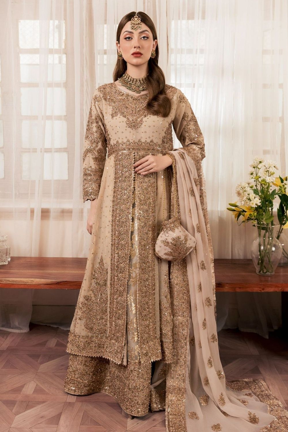 Gold Embroidered Chiffon Wedding Guest Wear Suit Online in Dubai UAE Abudhabi Ajman Sharjah