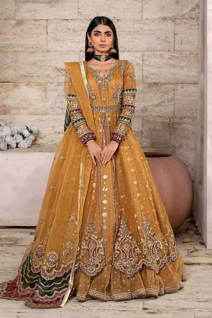 Gold Embroidered Net Maxi Dress with Organza Dupatta Online in Dubai UAE Abudhabi Ajman Sharjah