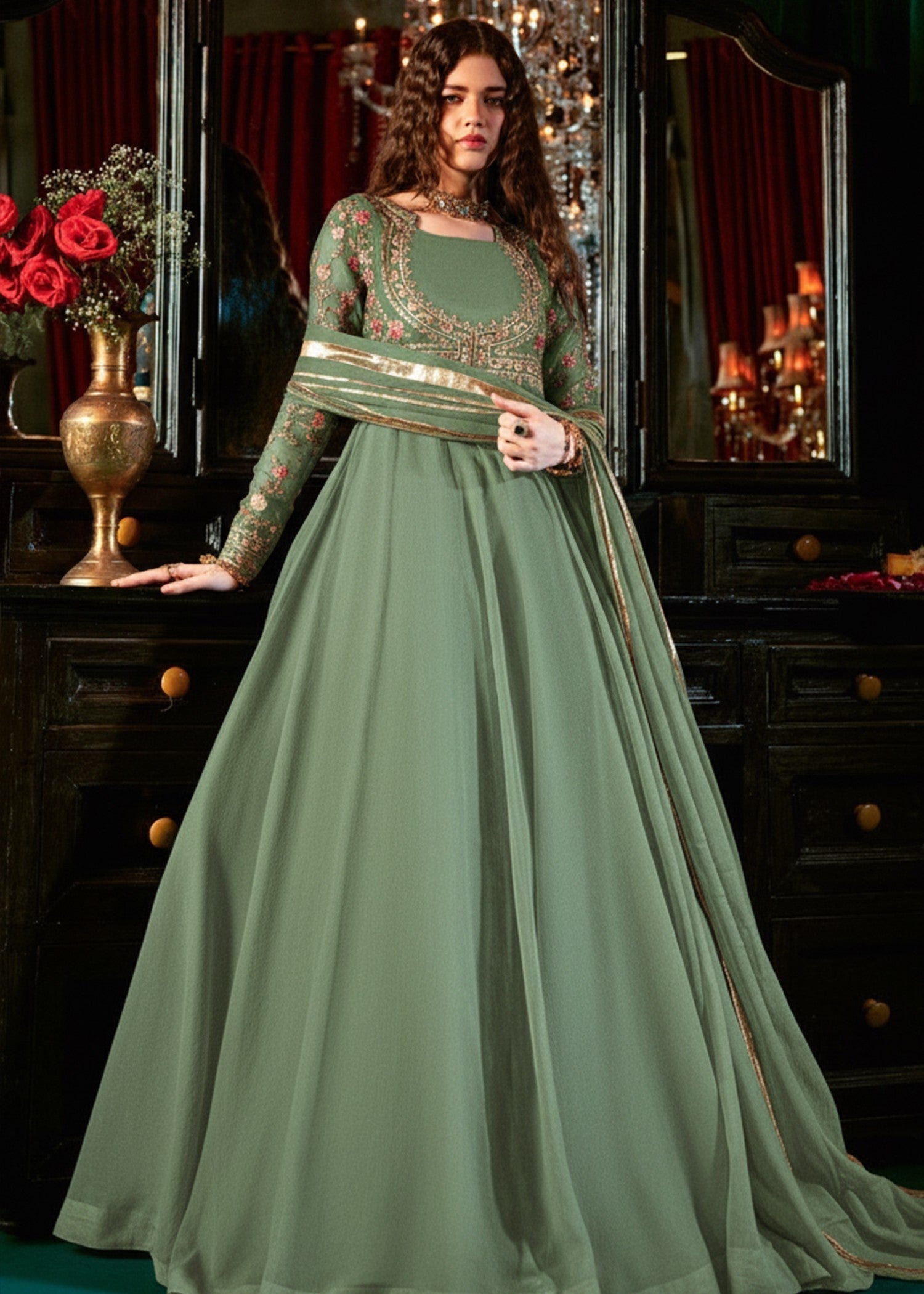 Gold Embroidered Pistachio Chiffon Salwar Kameez Online in KSA Riyadh Saudi Arabia Oman Bahrain Qatar