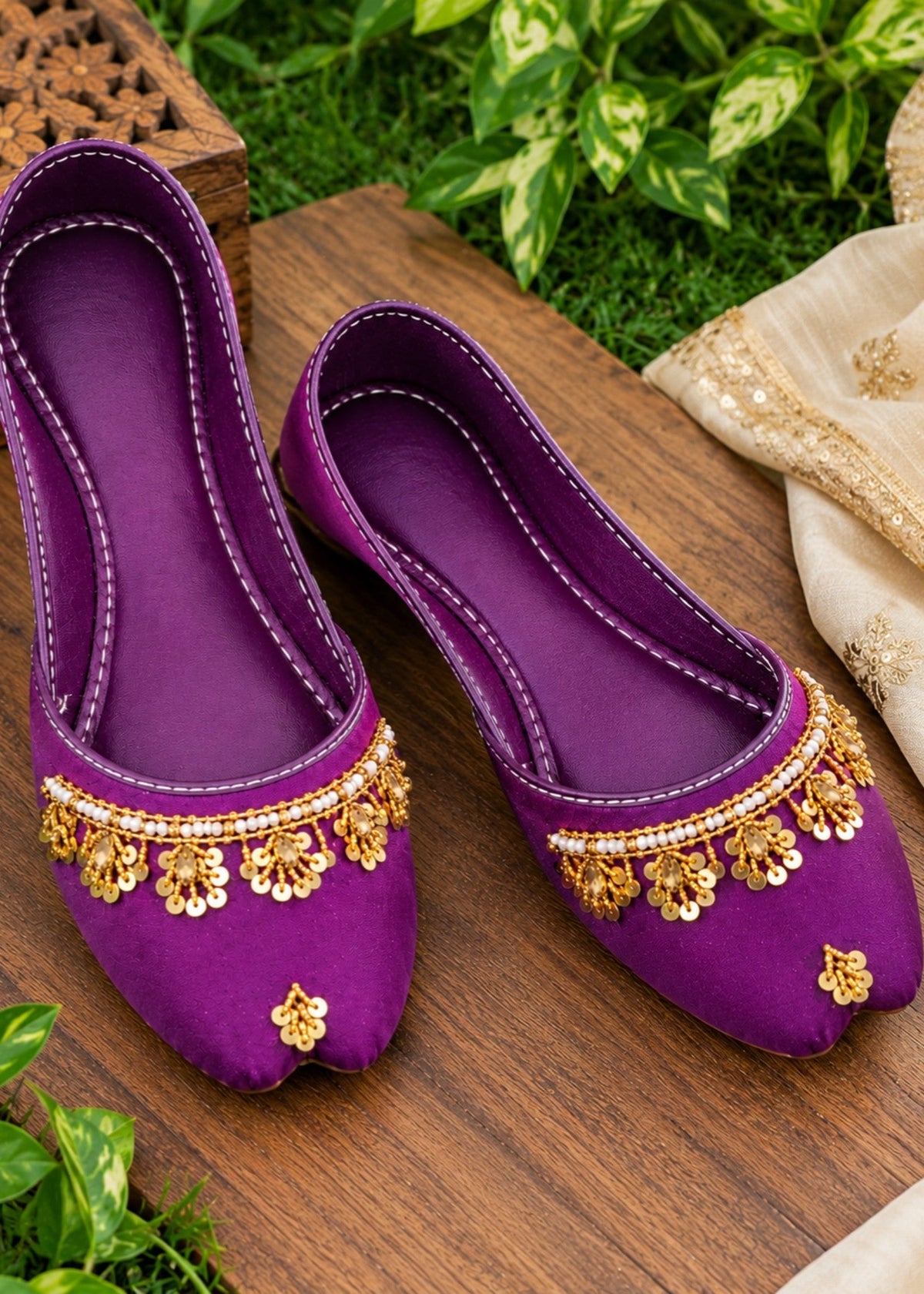 Gold Embroidered Purple Khussa with Pearl Detailing Online in KSA Riyadh Saudi Arabia Oman Bahrain Qatar