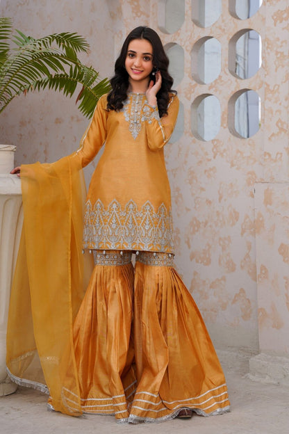 Gold Embroidered Raw Silk Gharara Suit Online in Dubai UAE Abudhabi Ajman Sharjah