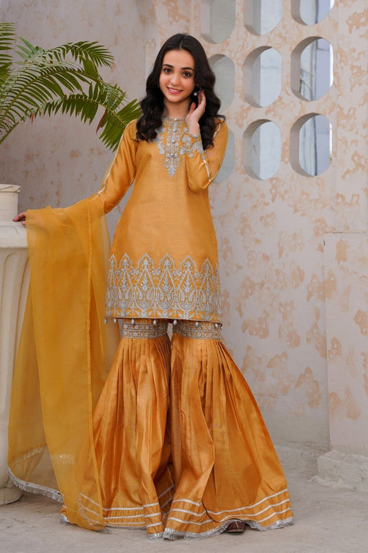 Gold Embroidered Raw Silk Gharara Suit Online in Dubai UAE Abudhabi Ajman Sharjah