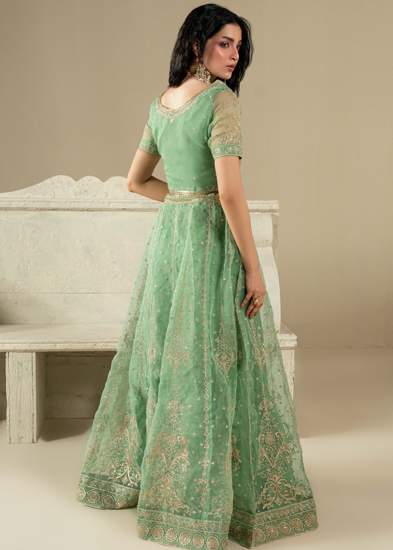 Gold Embroidered Sea Green Lehenga Online in UK USA Canada
