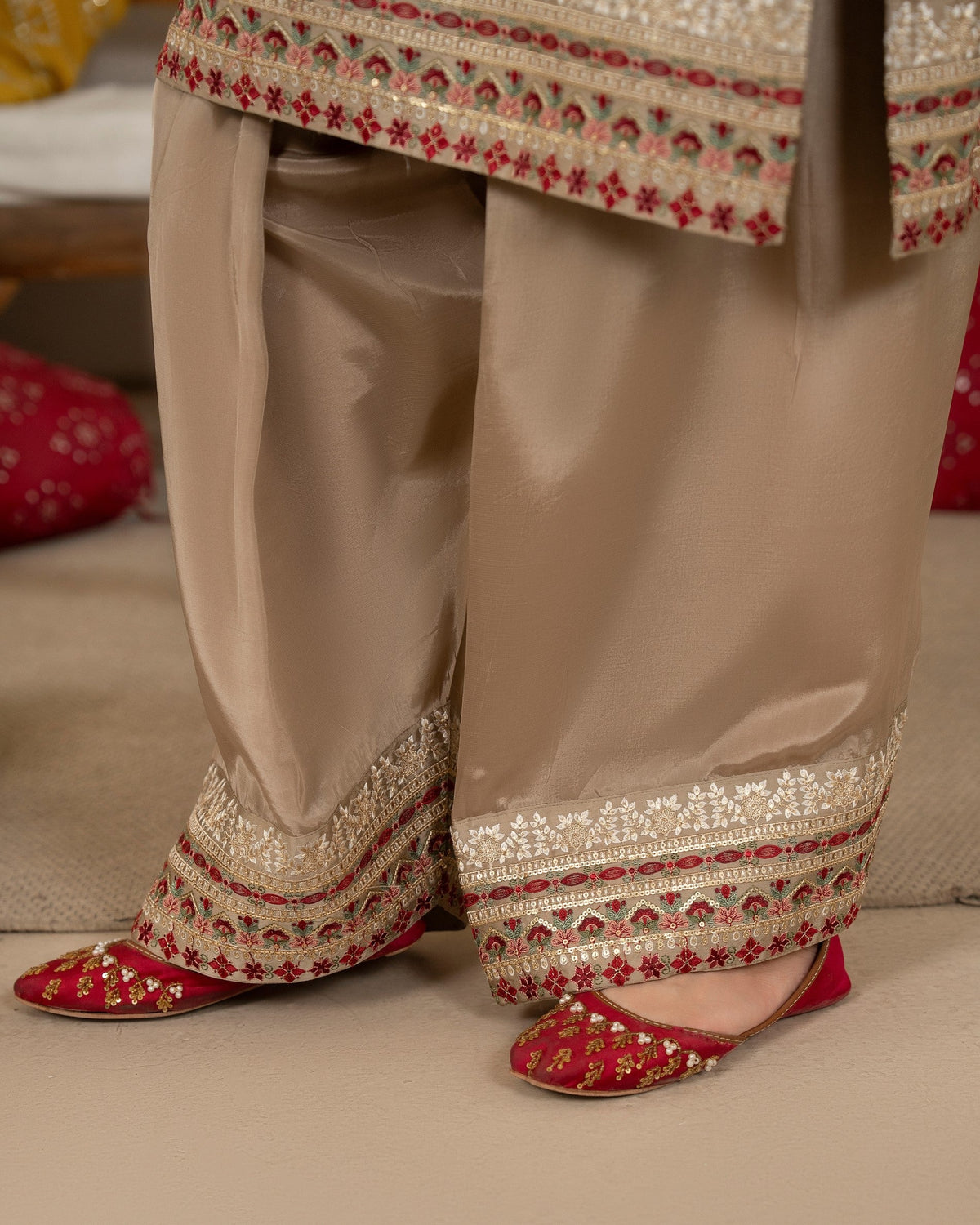 Gold Embroidered Shamoz Silk Pakistani Designer Suit Online in Dubai UAE Abudhabi Ajman Sharjah