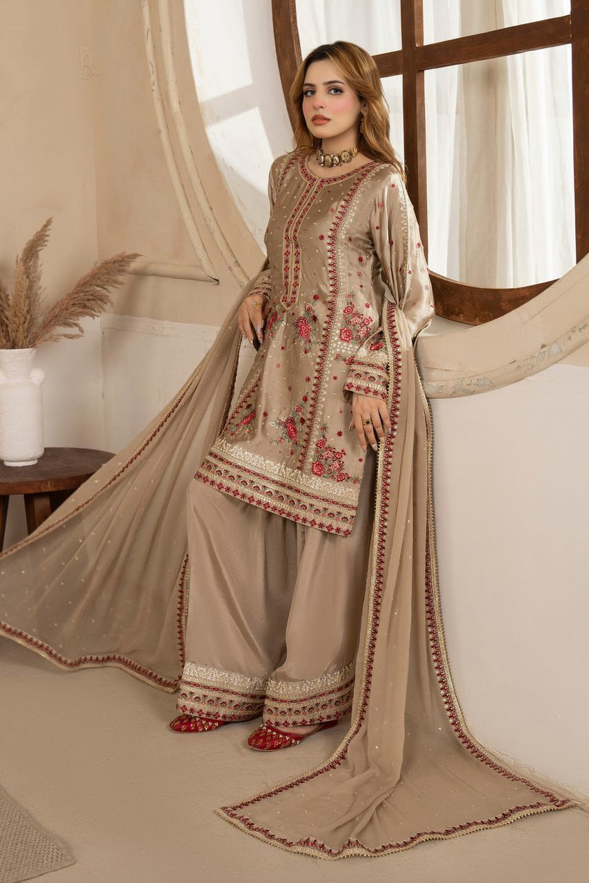 Gold Embroidered Shamoz Silk Pakistani Suit Online in Dubai UAE Abudhabi Ajman Sharjah