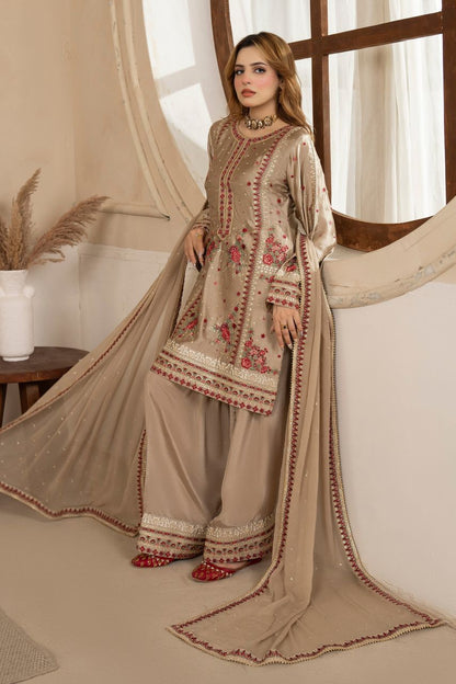 Gold Embroidered Shamoz Silk Pakistani Suit Online in Dubai UAE Abudhabi Ajman Sharjah