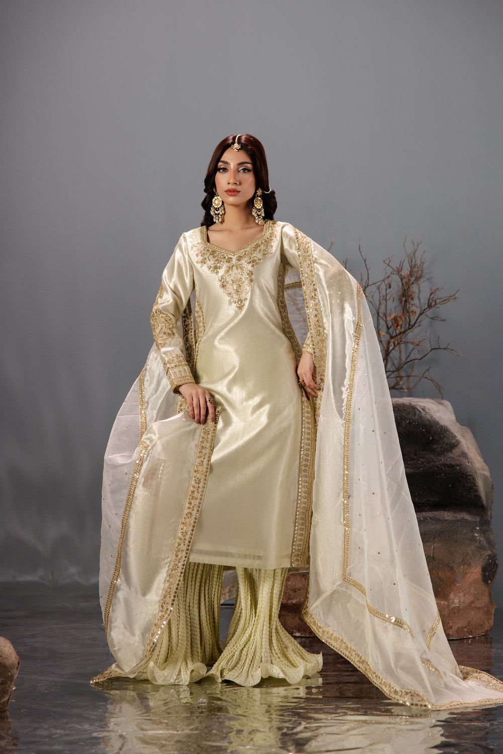 Gold Embroidered Tissue Kurti Set with Sharara Online in Dubai UAE Abudhabi Ajman Sharjah