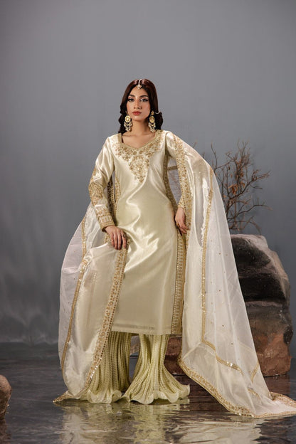 Gold Embroidered Tissue Kurti Set with Sharara Online in Dubai UAE Abudhabi Ajman Sharjah