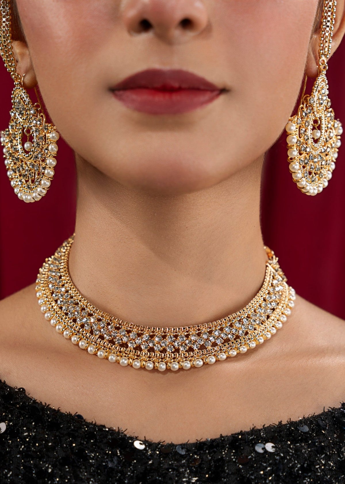 Gold Finish Necklace Earrings Tikka Set Online in Dubai DXB UAE Abudhabi Meena Bazaar