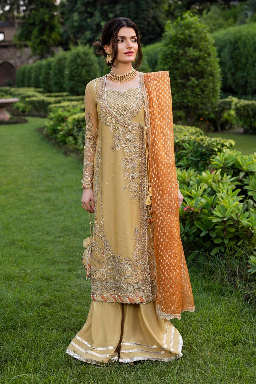 Gold Hand Embellished Organza Angrakha Sharara Online in Dubai UAE Abudhabi Ajman Sharjah