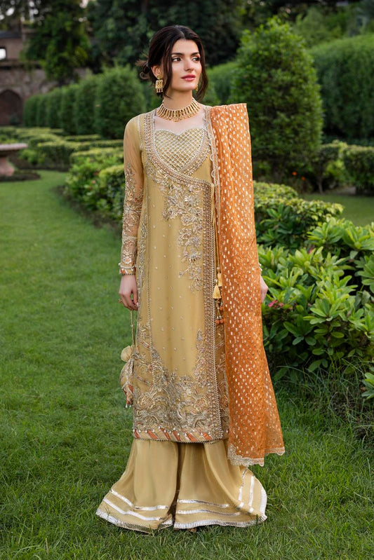 Gold Hand Embellished Organza Angrakha Sharara Online in Dubai UAE Abudhabi Ajman Sharjah
