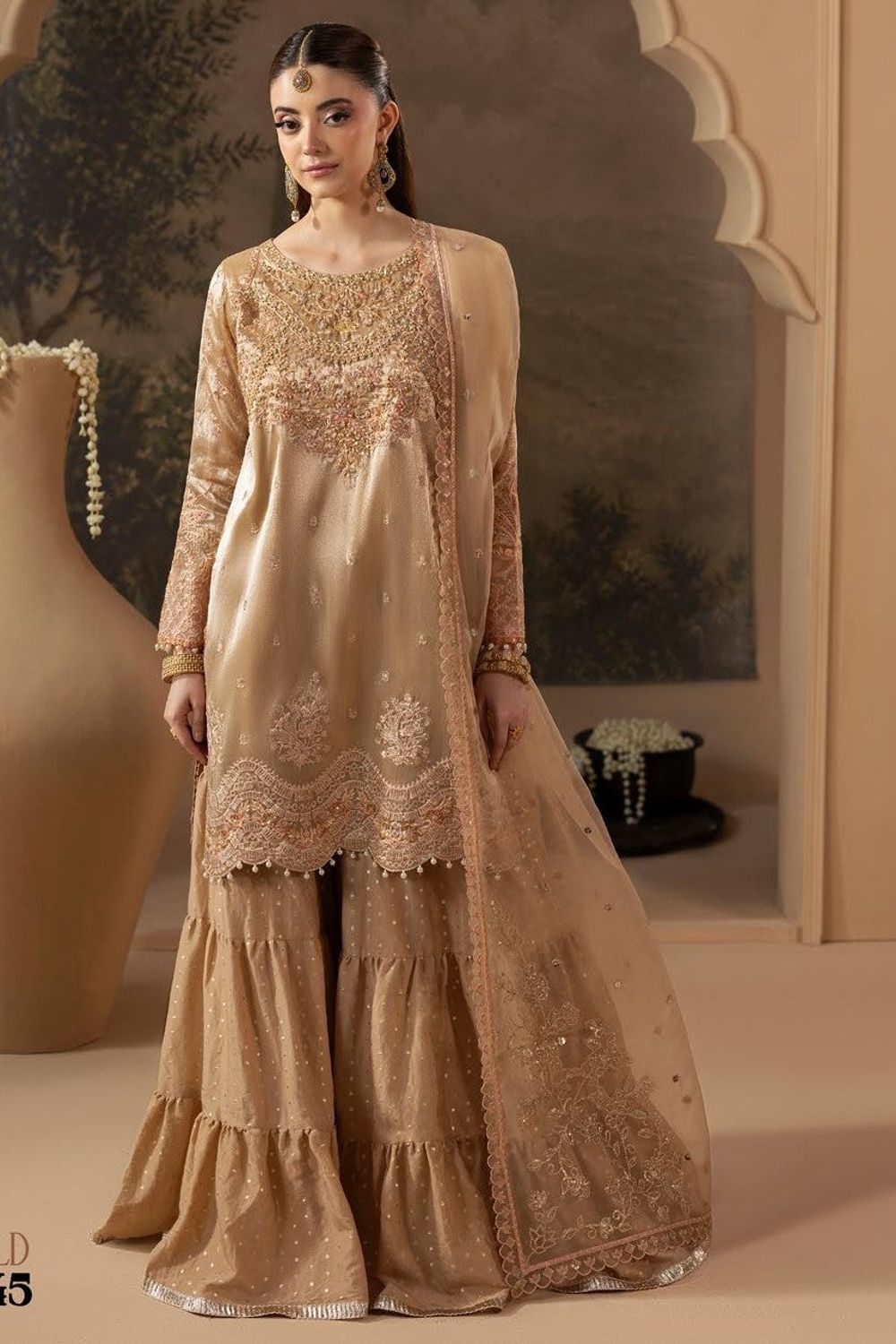 Gold Hand Embellished Zari Silk Sharara Suit Online in Dubai UAE Abudhabi Ajman Sharjah