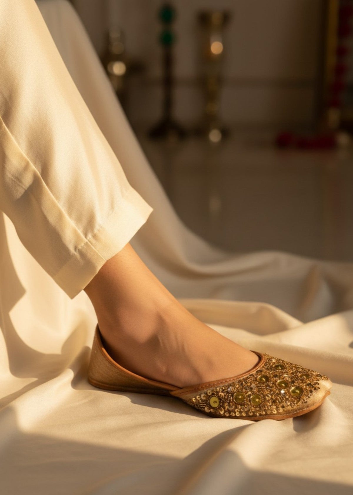 Gold Leather Ethnic Shoes with Shiny Discs Online in Sri Lanka India Australia