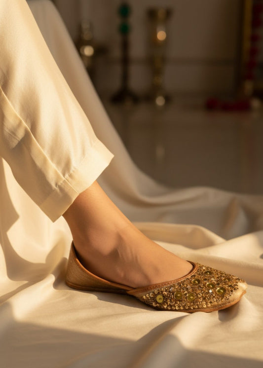 Gold Leather Ethnic Shoes with Shiny Discs Online in Sri Lanka India Australia