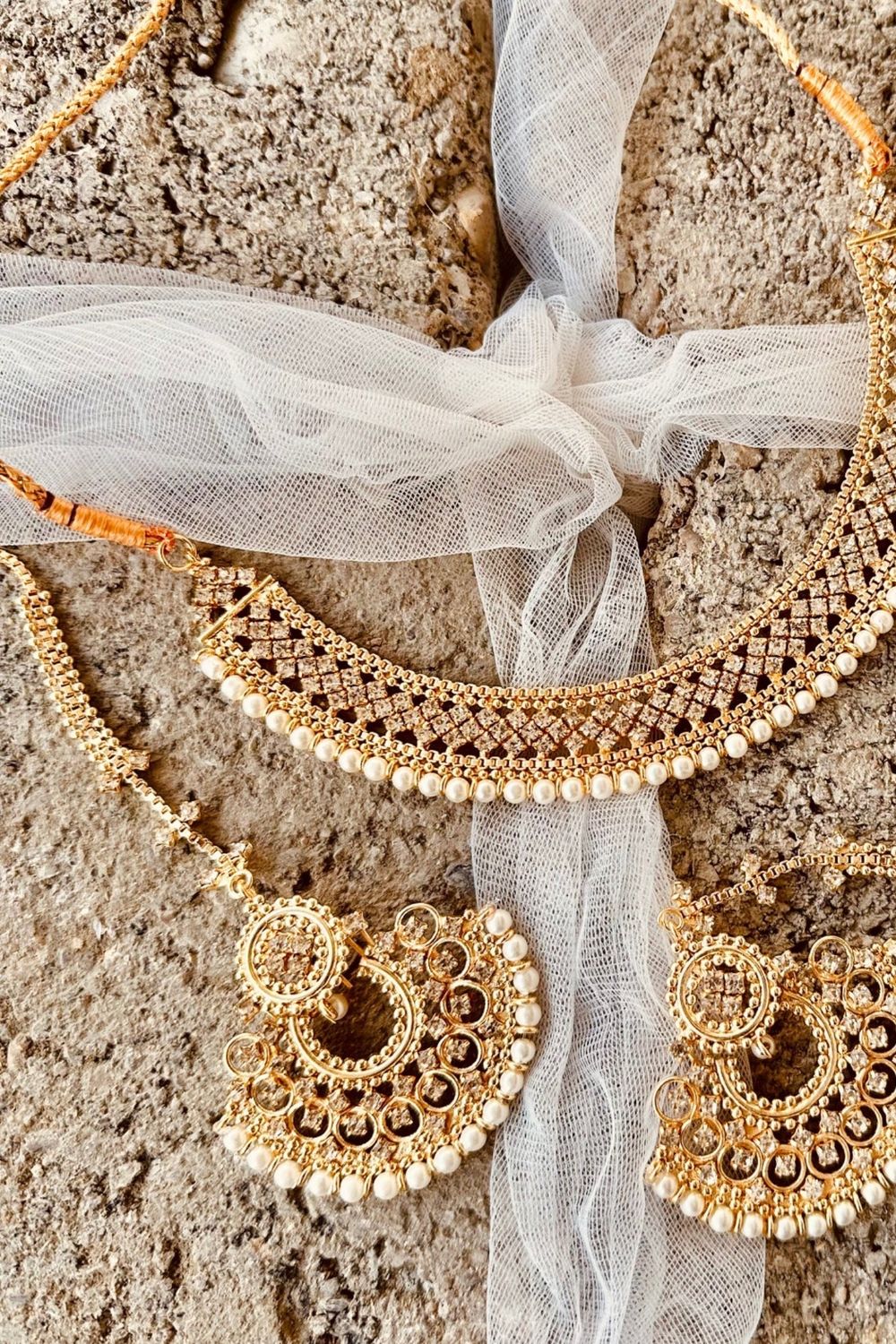 Gold Manjoos Work Necklace Set with Earrings and Tikka Online in Dubai UAE Abudhabi Ajman Sharjah