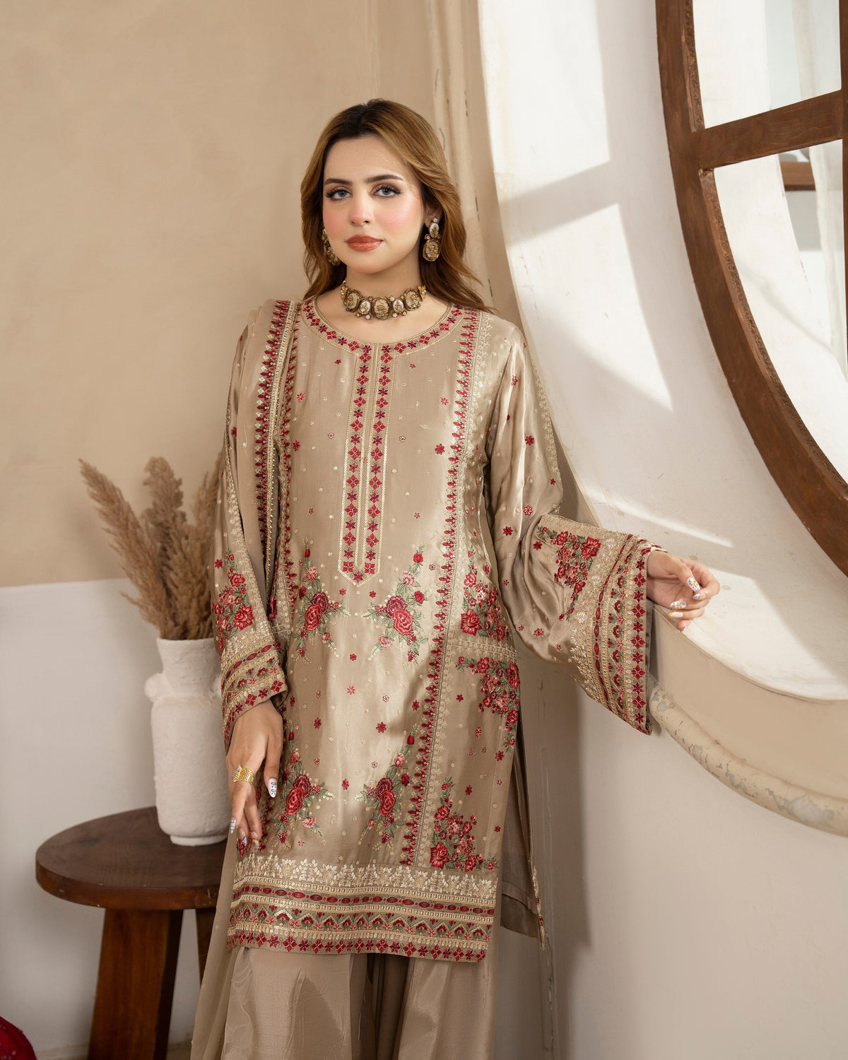 Gold Multi Thread Embroidered Silk Salwar Suit Online in UK USA Canada