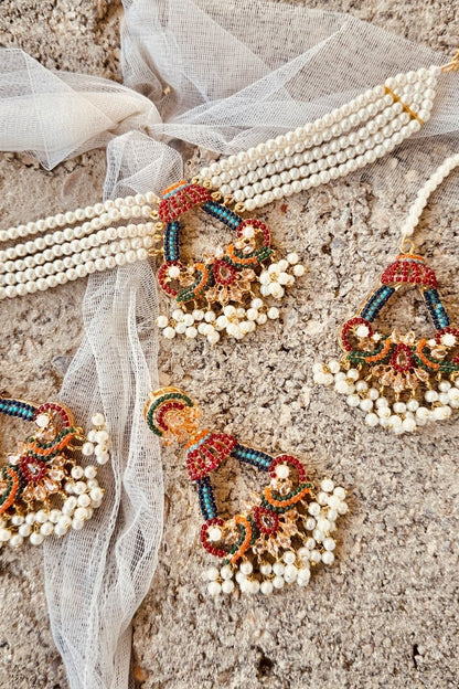 Gold Nauratan Glimmer Choker Earrings Tikka Set Online in Dubai UAE Abudhabi Ajman Sharjah