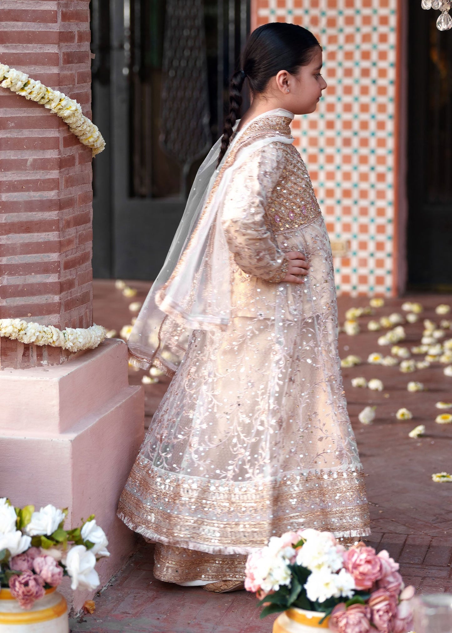 Gold Net Embellished Kids Party Wear Suit Online in KSA Riyadh Saudi Arabia Oman Bahrain Qatar