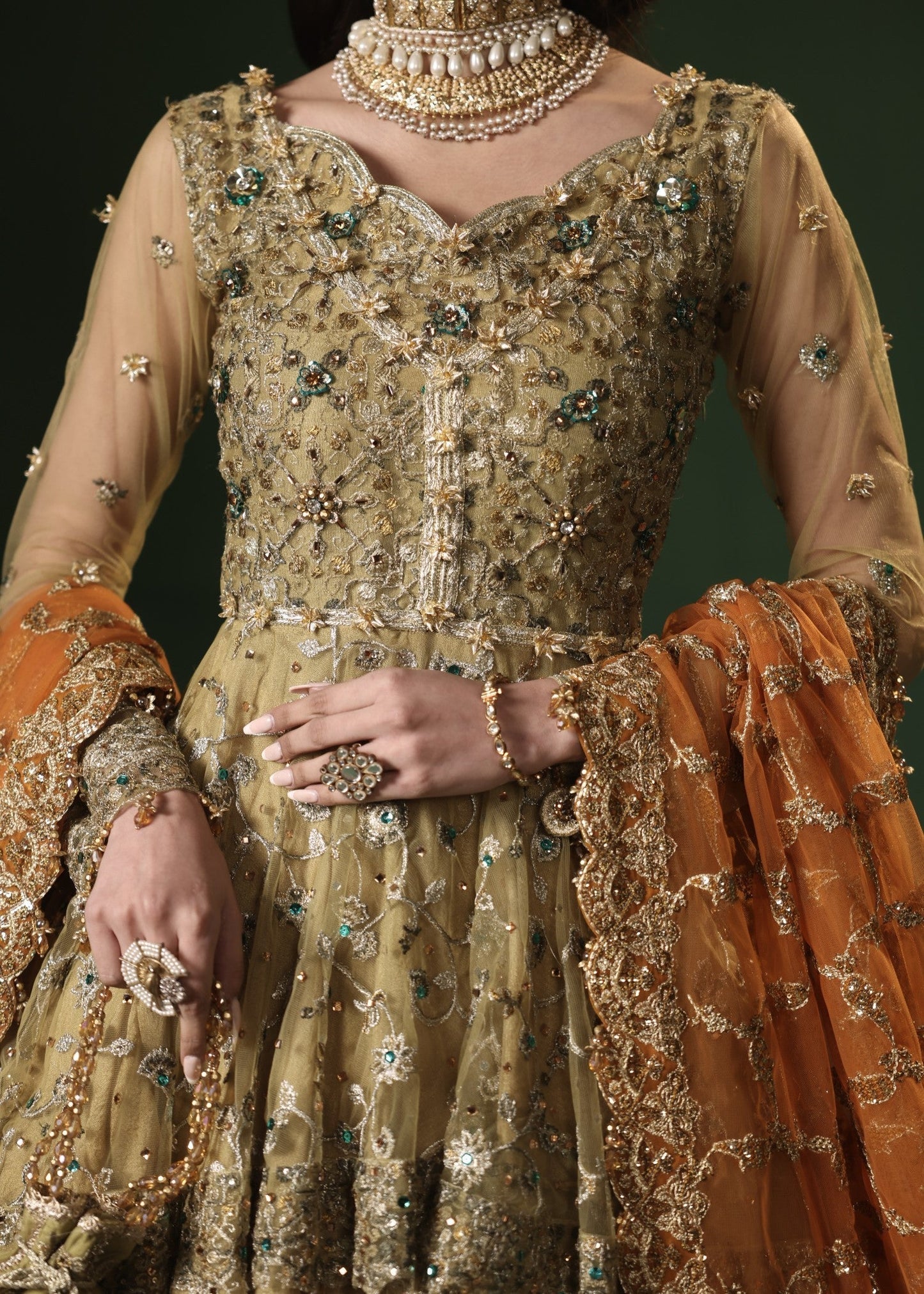 Gold Net Embroidered Lehenga for Wedding Online in Dubai DXB UAE Abudhabi Meena Bazaar