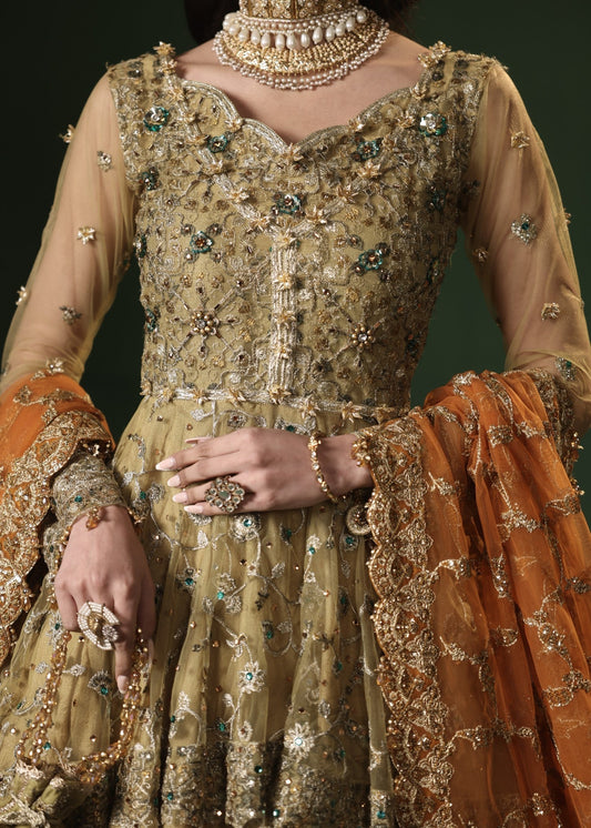 Gold Net Embroidered Lehenga for Wedding Online in Dubai DXB UAE Abudhabi Meena Bazaar